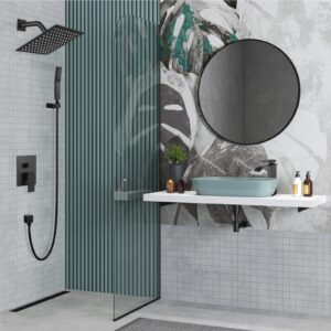 Midanya Matte Black Rain Shower System Wall Mount Shower Faucet Set 8 Inch Square High Pressure Showerhead with Hand Sprayer Rough-In Valve Body and Trim Included Mixer Shower Combo Set Bathroom