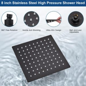 Midanya Matte Black Rain Shower System Wall Mount Shower Faucet Set 8 Inch Square High Pressure Showerhead with Hand Sprayer Rough-In Valve Body and Trim Included Mixer Shower Combo Set Bathroom