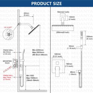 Midanya Matte Black Rain Shower System Wall Mount Shower Faucet Set 8 Inch Square High Pressure Showerhead with Hand Sprayer Rough-In Valve Body and Trim Included Mixer Shower Combo Set Bathroom