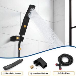 Midanya Matte Black Rain Shower System Wall Mount Shower Faucet Set 8 Inch Square High Pressure Showerhead with Hand Sprayer Rough-In Valve Body and Trim Included Mixer Shower Combo Set Bathroom