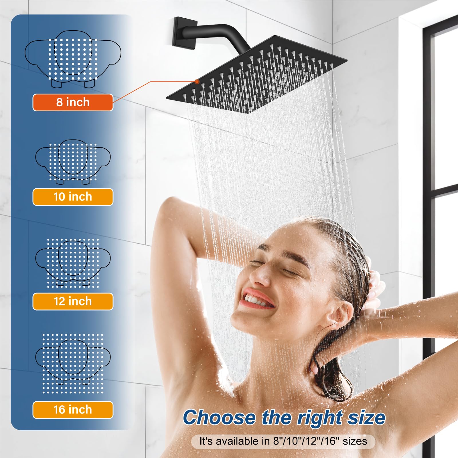 Midanya Matte Black Rain Shower System Wall Mount Shower Faucet Set 8 Inch Square High Pressure Showerhead with Hand Sprayer Rough-In Valve Body and Trim Included Mixer Shower Combo Set Bathroom