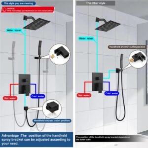 Midanya Matte Black Rain Shower System Wall Mount Shower Faucet Set 8 Inch Square High Pressure Showerhead with Hand Sprayer Rough-In Valve Body and Trim Included Mixer Shower Combo Set Bathroom