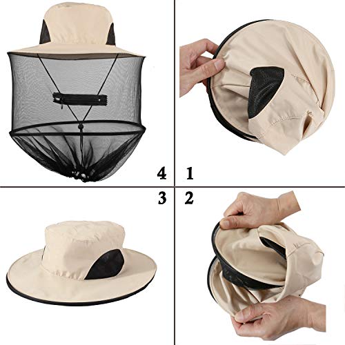 Mornajina Head Net Hat, Safari Hat Sun Hat with Hidden Net, Boonie Hat, Mesh UV Protection Fit Fishing Hiking Camping Cycling Boating Gardening (Beige)