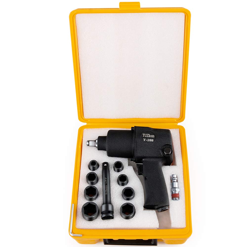 TUZkozs T-288 1/2" Air Impact Wrench Kit [ mm Size Sockets ] Heavy Duty Twin Hammer Half Inch Impact Gun 5-Speed pistola de impacto