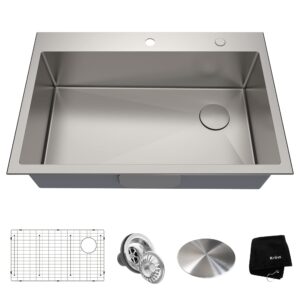 kraus 33 x 22 inch drop-in top mount standart pro single bowl 2-hole stainless steel kitchen sink set (5 item bundle: sink, bottom grid, drain assembly, drain cap, kitchen towel), kht410-33
