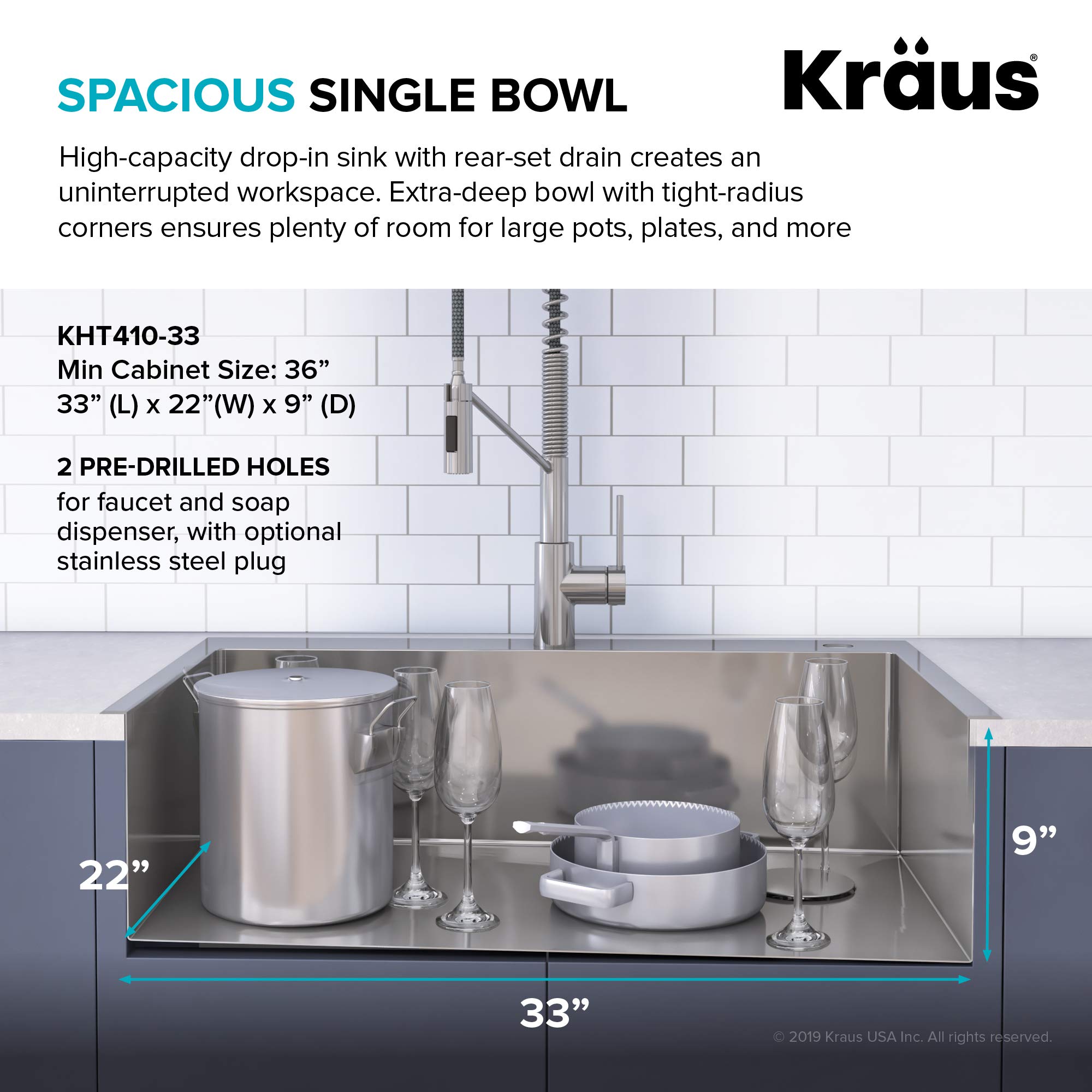 KRAUS 33 x 22 inch Drop-In Top Mount Standart PRO Single Bowl 2-Hole Stainless Steel Kitchen Sink Set (5 Item Bundle: Sink, Bottom Grid, Drain Assembly, Drain Cap, Kitchen Towel), KHT410-33