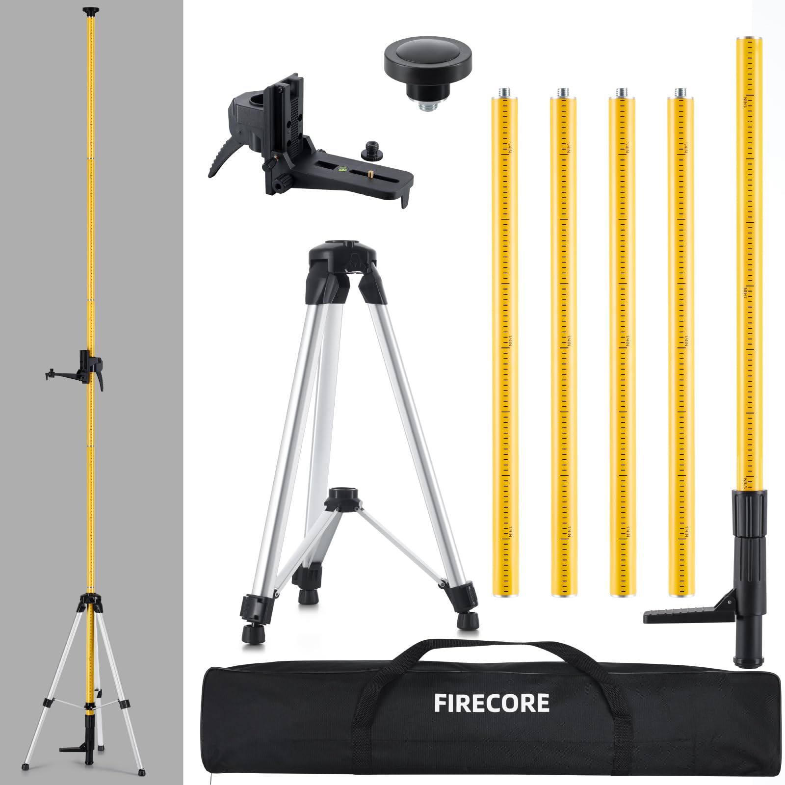 Firecore 12 Ft./3.7M Professional Laser Level Pole with Tripod and 1/4-Inch by 20-Inch Laser Mount for Rotary and Line Lasers, Adjustable Telescoping Laser Pole with 5/8"-11 Threaded Adapter-FLP370C