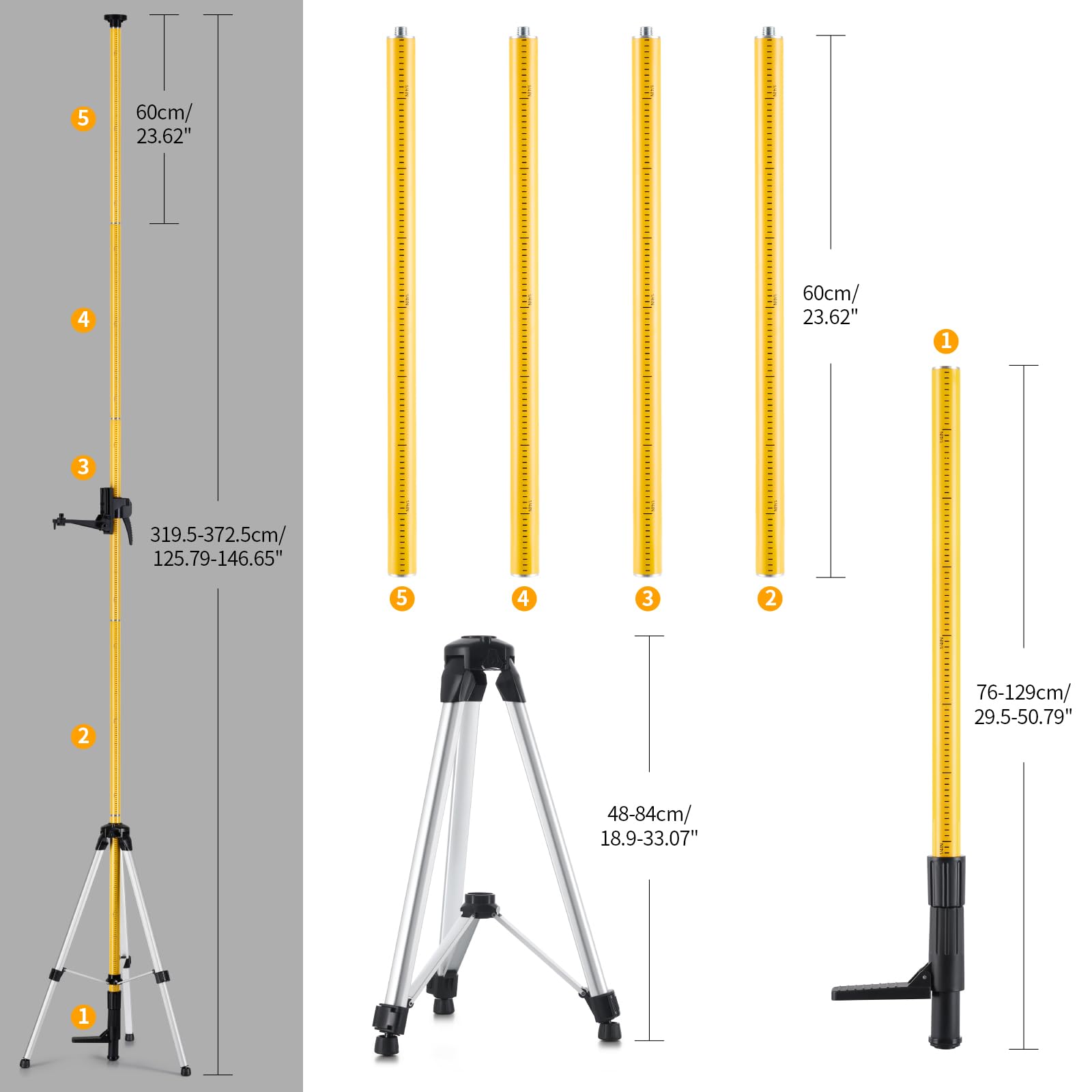 Firecore 12 Ft./3.7M Professional Laser Level Pole with Tripod and 1/4-Inch by 20-Inch Laser Mount for Rotary and Line Lasers, Adjustable Telescoping Laser Pole with 5/8"-11 Threaded Adapter-FLP370C