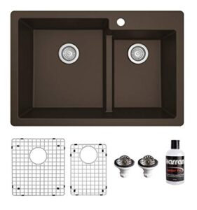 karran qt-811 33" top mount large/small bowl quartz kitchen sink kit in brown