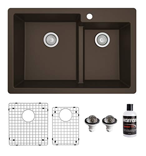 Karran QT-811 33" Top Mount Large/Small Bowl Quartz Kitchen Sink Kit in Brown