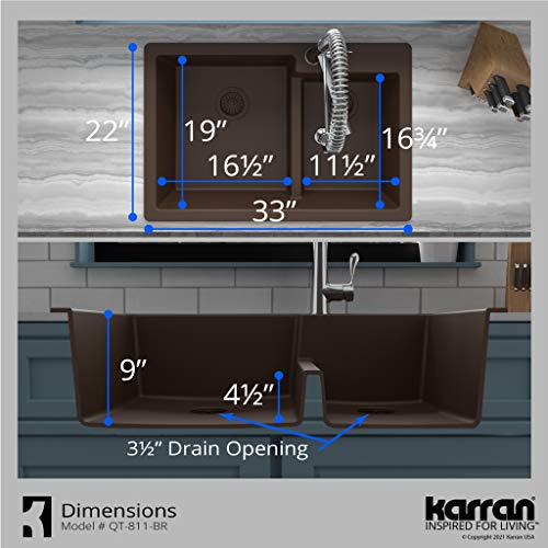 Karran QT-811 33" Top Mount Large/Small Bowl Quartz Kitchen Sink Kit in Brown