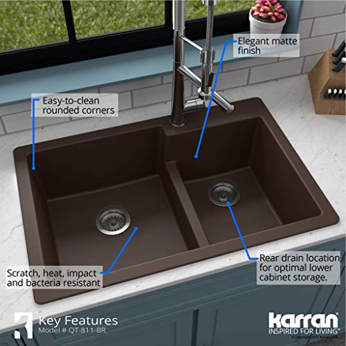 Karran QT-811 33" Top Mount Large/Small Bowl Quartz Kitchen Sink Kit in Brown