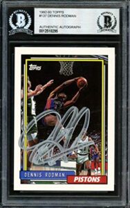 dennis rodman autographed 1992-93 topps card #137 detroit pistons signed in silver beckett bas stock #184851 - basketball autographed cards