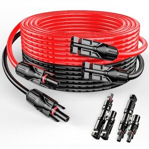 10 gauge 10awg one pair 30 feet red + 30 feet black solar panel extension cable wire with female and male connectors+t branch connectors (30ft 10awg+t2)