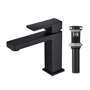 matte black single hole bathroom vanity faucet, newrain brass single handle bathroom faucet with pop-up sink drain assembly & faucet supply lines