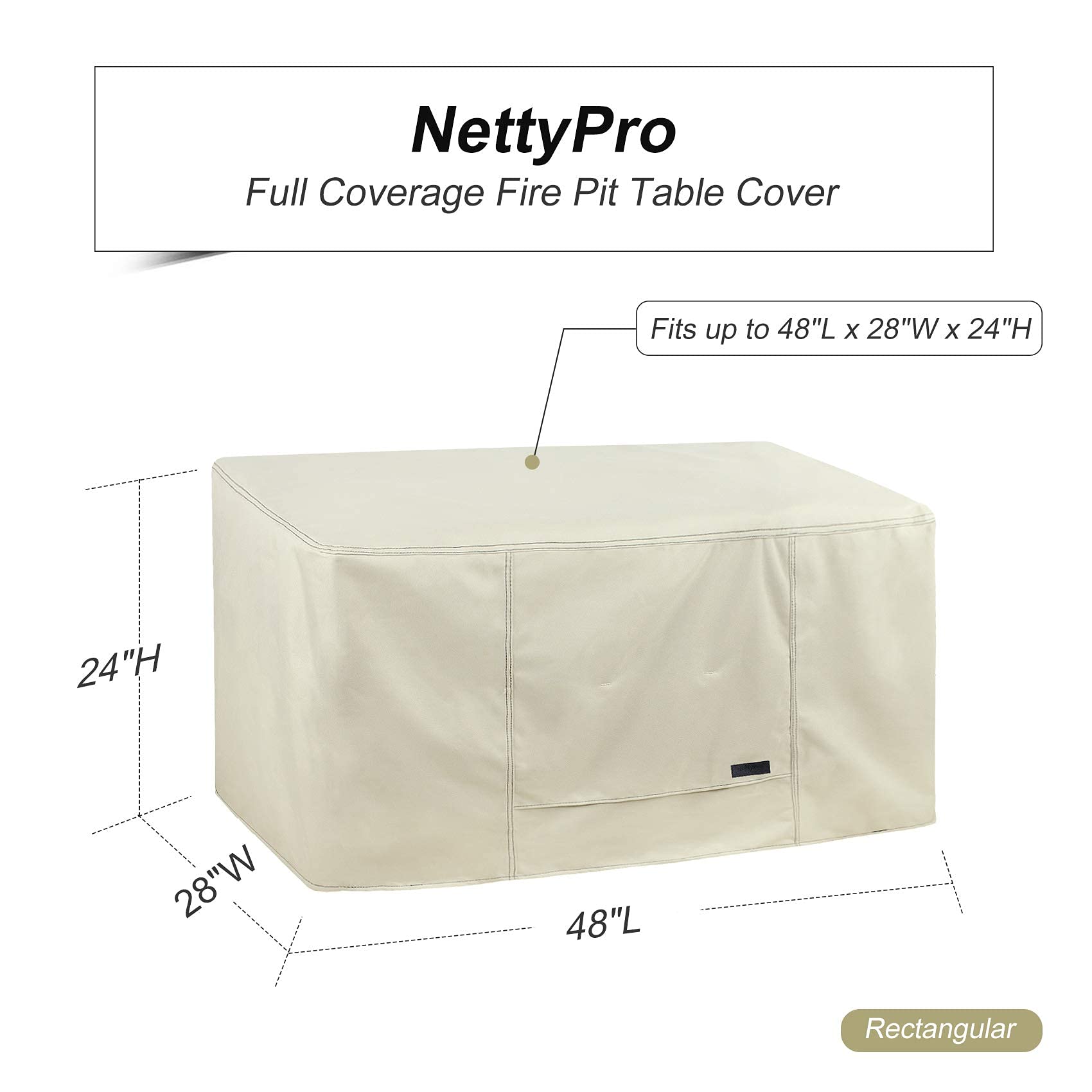 NettyPro Fire Pit Table Cover Rectangle Waterproof Heavy Duty Patio Firepit Cover Rectangular for Outdoor Gas Propane Fire Table, 48L x 28W x 24H inch, Beige