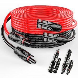 rich solar 10 gauge 10awg one pair 50 feet red + 50 feet black solar panel extension cable wire with female and male connectors+t branch connectors (50ft 10awg+t2)