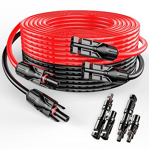 RICH SOLAR 10 Gauge 10AWG One Pair 50 Feet Red + 50 Feet Black Solar Panel Extension Cable Wire with Female and Male Connectors+T Branch Connectors (50FT 10AWG+T2)