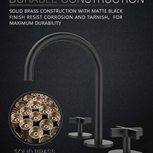 Matte Black Bathroom Faucet, Indare 8-inch Brass Widespread Faucet for Bathroom Sink 3 Holes with Pop-up Drain Assembly and Supply Lines Preassembled, 110101-PB