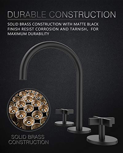 Matte Black Bathroom Faucet, Indare 8-inch Brass Widespread Faucet for Bathroom Sink 3 Holes with Pop-up Drain Assembly and Supply Lines Preassembled, 110101-PB