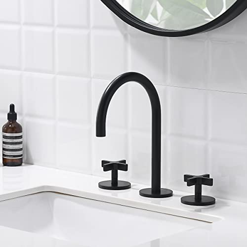 Matte Black Bathroom Faucet, Indare 8-inch Brass Widespread Faucet for Bathroom Sink 3 Holes with Pop-up Drain Assembly and Supply Lines Preassembled, 110101-PB