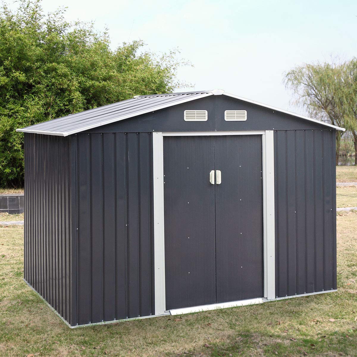 BWM.Co 6.3' x 9.1' Large Outdoor Backyard Storage Sturdy Garden Tool Shed Utility Lawn Building Organizer w/Gable Roof, Lockable Sliding Door, 4 Vents, Stable Base - Dark Grey