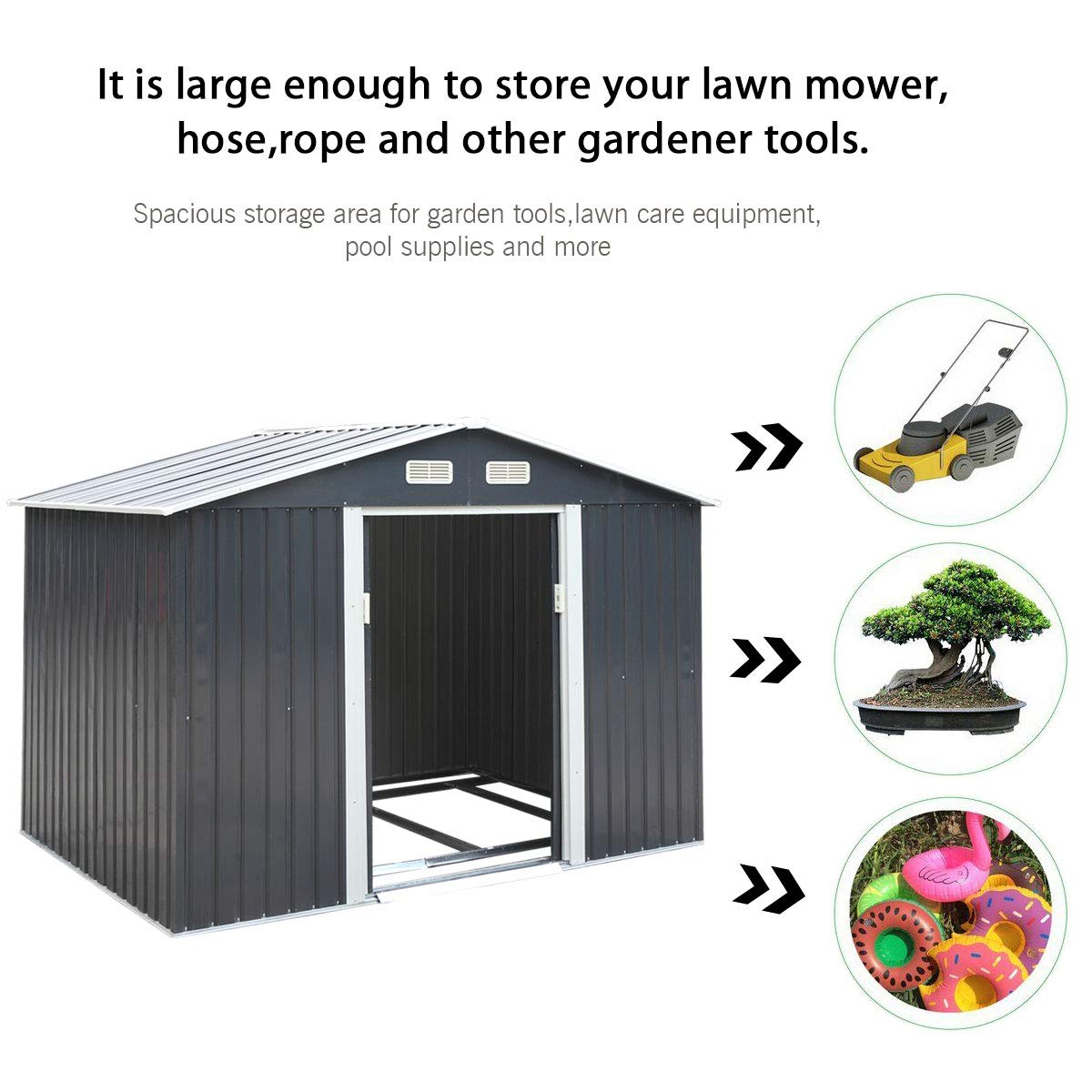 BWM.Co 6.3' x 9.1' Large Outdoor Backyard Storage Sturdy Garden Tool Shed Utility Lawn Building Organizer w/Gable Roof, Lockable Sliding Door, 4 Vents, Stable Base - Dark Grey