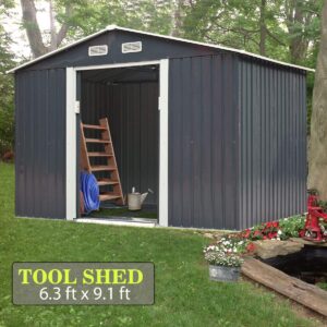 BWM.Co 6.3' x 9.1' Large Outdoor Backyard Storage Sturdy Garden Tool Shed Utility Lawn Building Organizer w/Gable Roof, Lockable Sliding Door, 4 Vents, Stable Base - Dark Grey