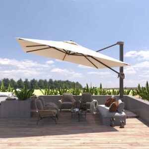 bluu redwood 10 ft square patio umbrella offset cantilever outdoor umbrella aluminum market hanging umbrellas with 360° rotation device and unlimited tilting system & cross base (beige)