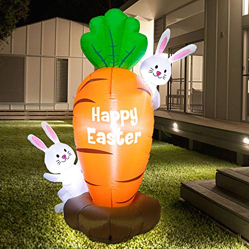 Zcaukya Inflatable Easter Yard Decoration, 5 FT LED Lighted Blow Up Easter Bunnies with Giant Carrot, Inflatable Easter Decorations for Indoor Outdoor Use