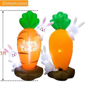 Zcaukya Inflatable Easter Yard Decoration, 5 FT LED Lighted Blow Up Easter Bunnies with Giant Carrot, Inflatable Easter Decorations for Indoor Outdoor Use