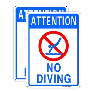 attention no diving pool sign,14 x 10 inches,reflective aluminum,easy to mount,uv protected,weather resistant,waterproof,durable ink,outdoor or indoor use,2 pack