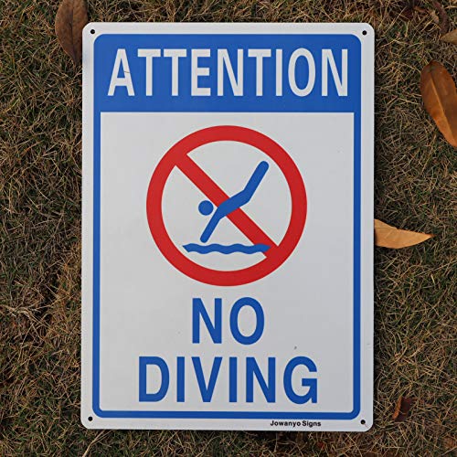 Attention No Diving Pool Sign,14 x 10 inches,Reflective Aluminum,Easy to Mount,UV Protected,Weather Resistant,Waterproof,Durable Ink,Outdoor or Indoor Use,2 Pack