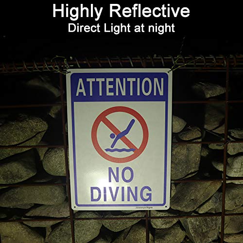 Attention No Diving Pool Sign,14 x 10 inches,Reflective Aluminum,Easy to Mount,UV Protected,Weather Resistant,Waterproof,Durable Ink,Outdoor or Indoor Use,2 Pack