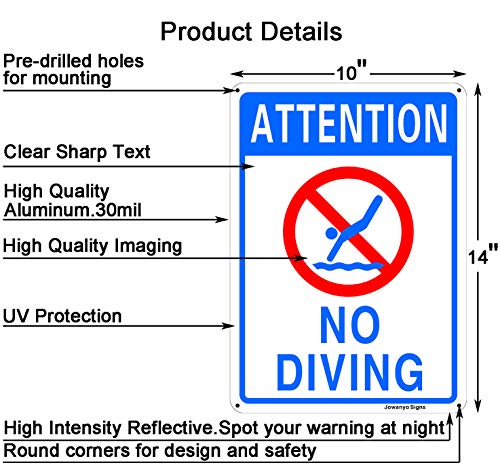 Attention No Diving Pool Sign,14 x 10 inches,Reflective Aluminum,Easy to Mount,UV Protected,Weather Resistant,Waterproof,Durable Ink,Outdoor or Indoor Use,2 Pack
