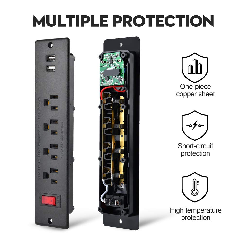 Mountable Power Strip Recessed Power Strip with USB 4 Outlet 2 USB Multiple Protection Built in Conference Desk Counter Workbench for PC Home Electric Appliance ETL Listed(Black)