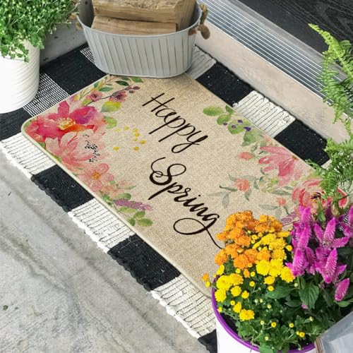 Artoid Mode Peony Flowers Happy Spring Doormat, Seasonal Home Decor Holiday Low-Profile Floor Mat Switch Mat for Indoor Outdoor 17 x 29 Inch