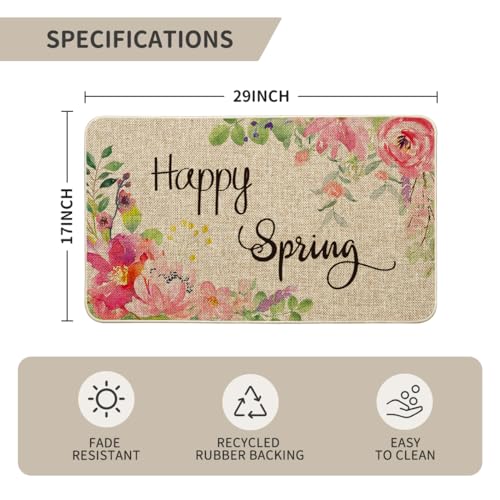 Artoid Mode Peony Flowers Happy Spring Doormat, Seasonal Home Decor Holiday Low-Profile Floor Mat Switch Mat for Indoor Outdoor 17 x 29 Inch