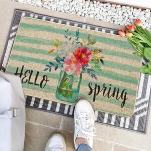Artoid Mode Watercolor Stripes Hello Spring Doormat, Seasonal Holiday Home Low-Profile Floor Mat Switch Mat for Indoor Outdoor 17 x 29 Inch