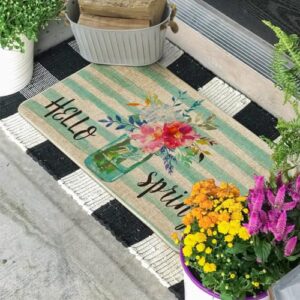 Artoid Mode Watercolor Stripes Hello Spring Doormat, Seasonal Holiday Home Low-Profile Floor Mat Switch Mat for Indoor Outdoor 17 x 29 Inch