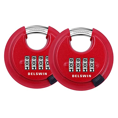 DELSWIN Outdoor Combination Padlock - 4 Digit Heavy Duty Disc Lock with Hardened Shackle,Combo Padlock for Gate,Storage Unit,Fence(25/64" Shackle, Red,2Pcs)