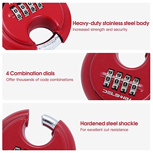 DELSWIN Outdoor Combination Padlock - 4 Digit Heavy Duty Disc Lock with Hardened Shackle,Combo Padlock for Gate,Storage Unit,Fence(25/64" Shackle, Red,2Pcs)