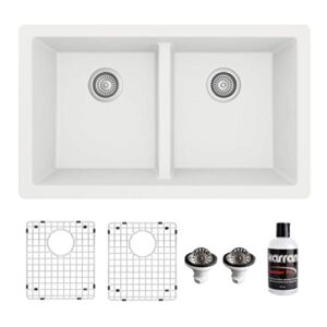 karran qu-810 32" undermount double equal bowl quartz kitchen sink kit in white