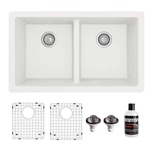 Karran QU-810 32" Undermount Double Equal Bowl Quartz Kitchen Sink Kit in White