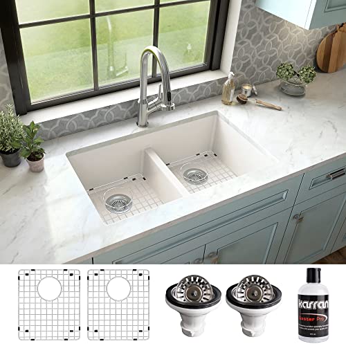 Karran QU-810 32" Undermount Double Equal Bowl Quartz Kitchen Sink Kit in White