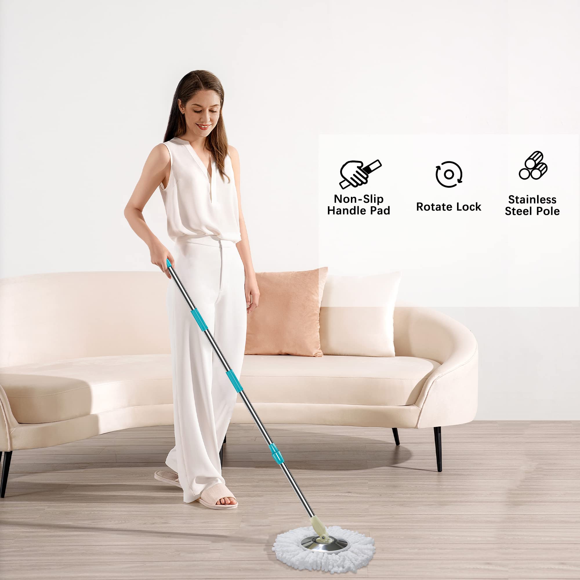 Tsmine 3-Section 35-to-61 Inch Spin Mop Replacement Pole Handle Mop Refills Compatible with Round Spin Mop, Microfiber Mop Floor Head Mop - Blue