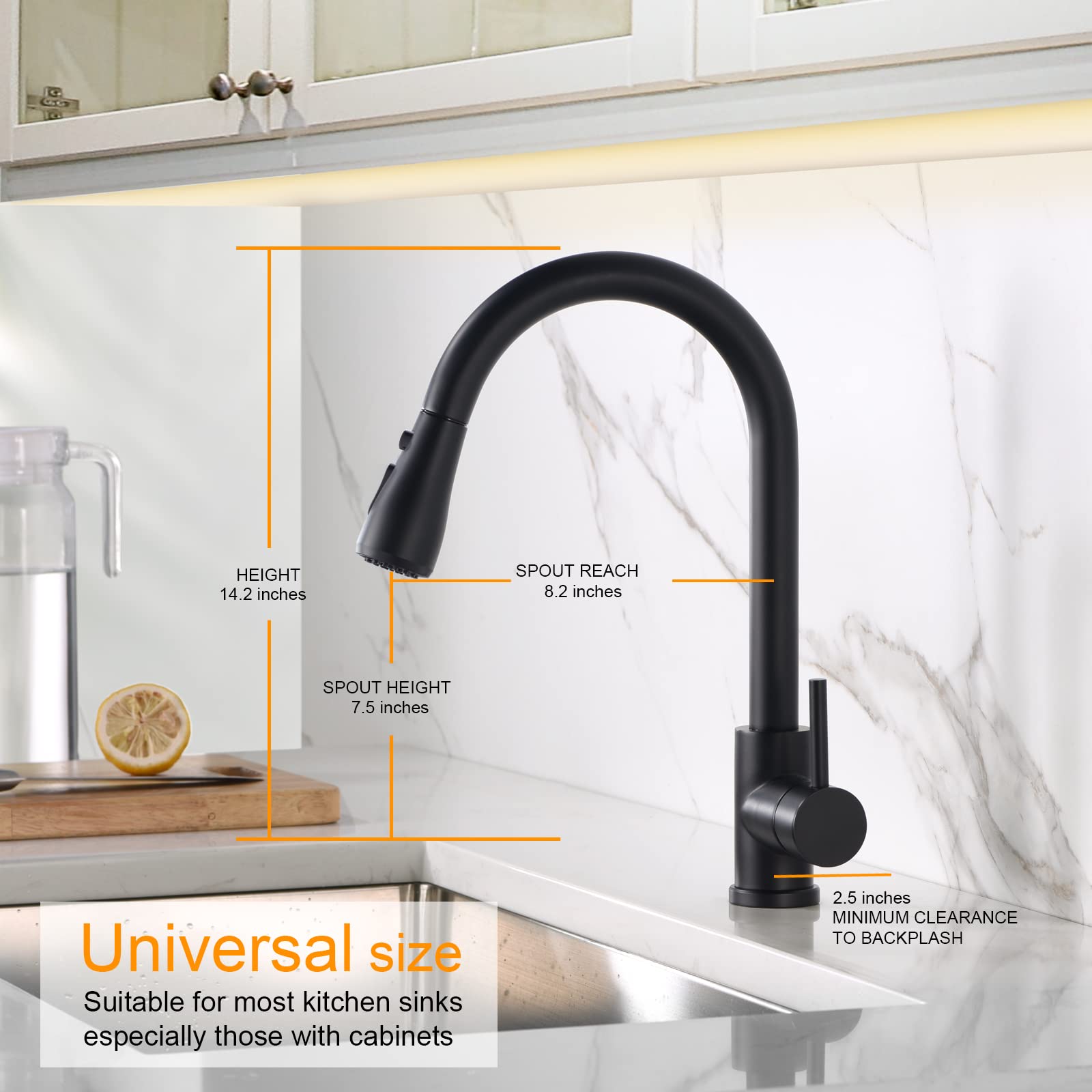 Sink Faucet, Black Kitchen Faucet with Pull Down Sprayer VFAUOSIT Commercial Stainless Steel Laundry Single Handle Pull Out Kitchen Faucets with Deck Plate, with Matte Black Deck Plate