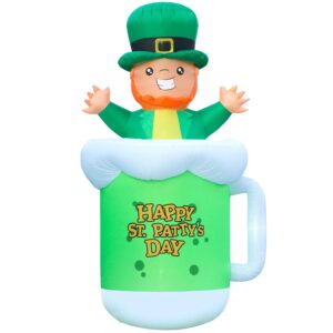 Holidayana 9ft St Patricks Day Inflatable Leprechaun Beer Mug - St Patty’s Leprechaun Coming Out of Beer Blow Up Yard Decoration, Includes Built-in Bulbs, Tie-Down Points, and Powerful Built-in Fan