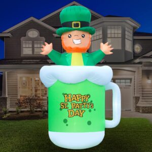 Holidayana 9ft St Patricks Day Inflatable Leprechaun Beer Mug - St Patty’s Leprechaun Coming Out of Beer Blow Up Yard Decoration, Includes Built-in Bulbs, Tie-Down Points, and Powerful Built-in Fan