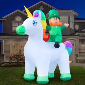 Holidayana 9ft St Patricks Day Inflatable Leprechaun Riding Unicorn - Leprechaun and Magical Unicorn Blow Up Yard Decoration, Includes Built-in Bulbs, Tie-Down Points, and Powerful Built-in Fan